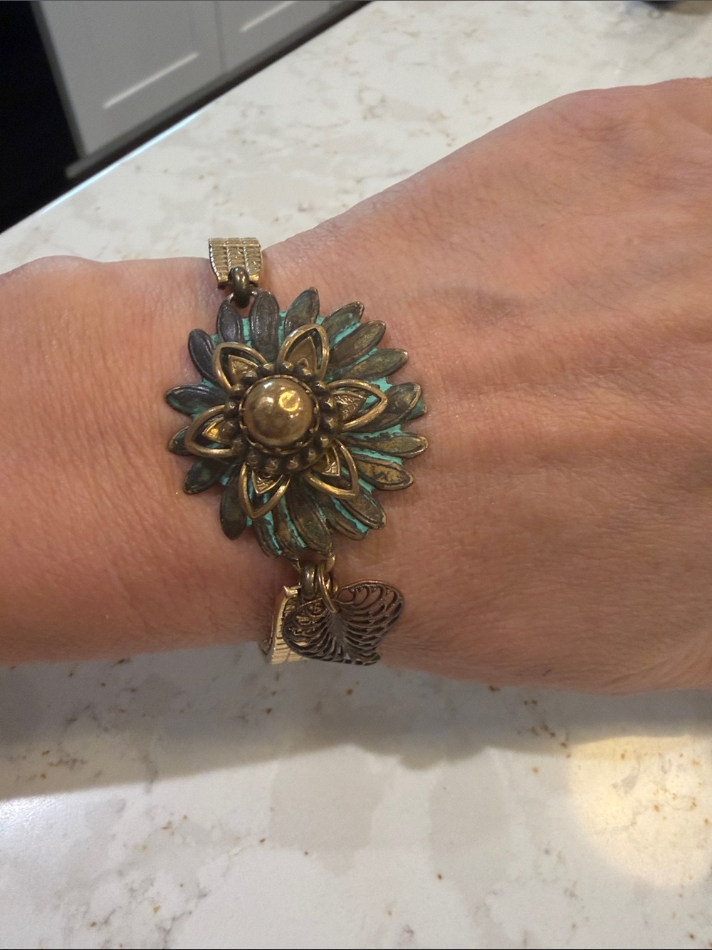 Antique Gold Floral Bracelet with Turquoise Patina Accents